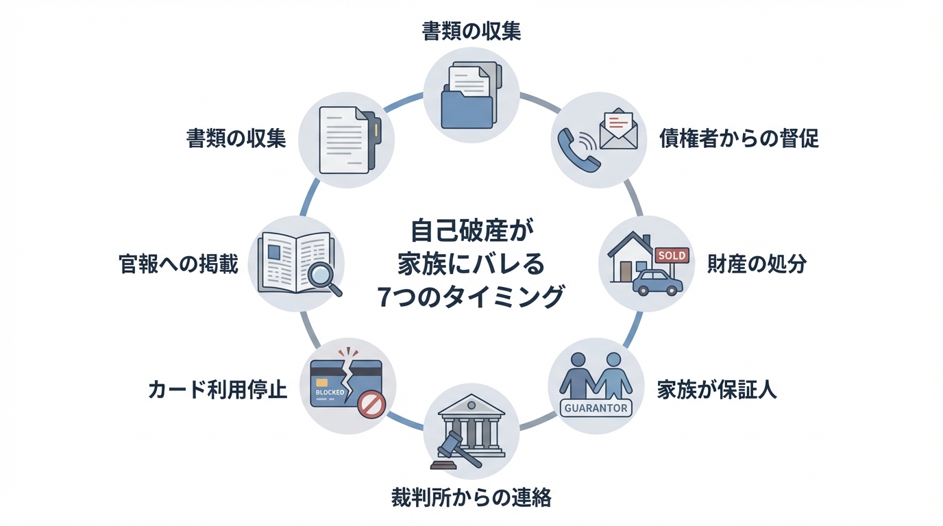 自己破産が家族にバレる7つのタイミングを図解したインフォグラフィック。書類収集、督促、財産処分、保証人、裁判所からの連絡、カード停止、官報掲載の7項目がアイコン付きで示されている。