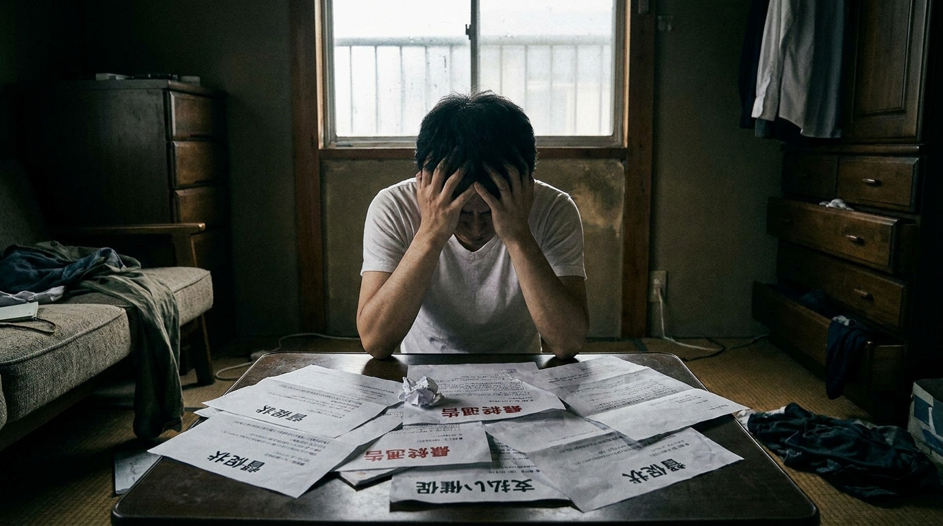 任意整理中の追加借入で返済計画が破綻し、頭を抱える男性のイメージ