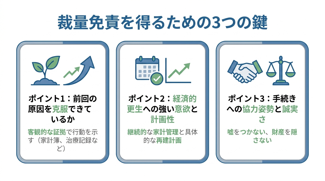 2回目の自己破産で裁量免責を得るための3つの重要ポイントを図解。原因克服、更生計画、誠実な協力姿勢が鍵となることを示している。