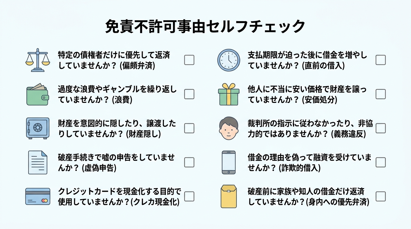 自己破産の免責不許可事由セルフチェックリスト。10項目の質問で自身の状況を確認できる図解。