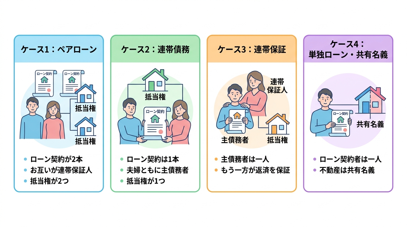 夫婦共有名義不動産の個人再生における4つの住宅ローン契約タイプ(ペアローン、連帯債務、連帯保証、単独ローン・共有名義)の特徴を比較した図解。