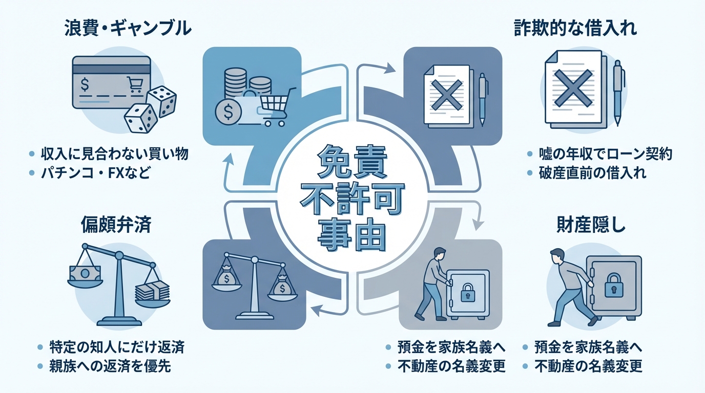 自己破産で問題となる免責不許可事由の4つの具体例(浪費・ギャンブル、詐欺的借入れ、財産隠し、偏頗弁済)をアイコン付きで解説した図解。