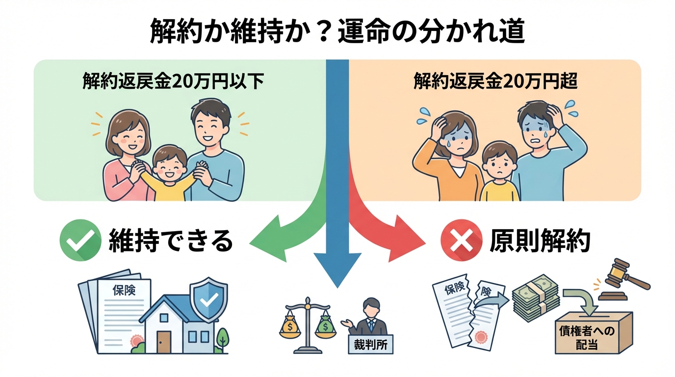 自己破産時の保険の扱いを解説する図解。解約返戻金が20万円以下なら維持、20万円超なら原則解約となる基準を示している。