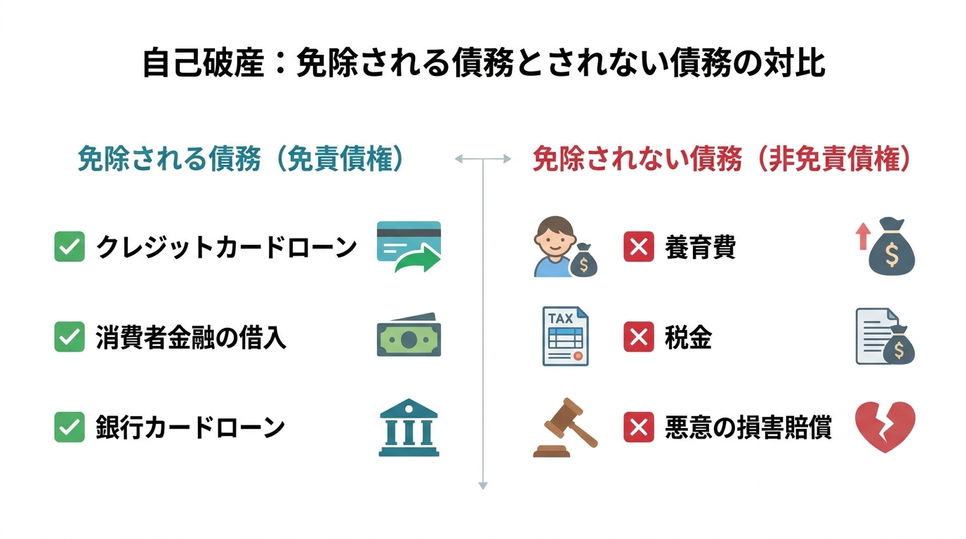 自己破産における免責債権と非免責債権の違いを比較した図解。養育費や税金は免除されない非免責債権に分類されることを示している。