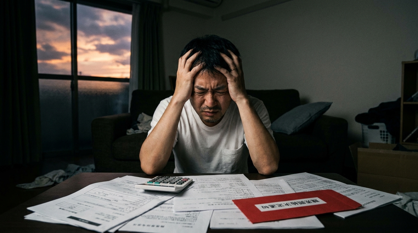 自己破産と持ち家のことで悩む男性。住宅ローンの書類を前に頭を抱えている。