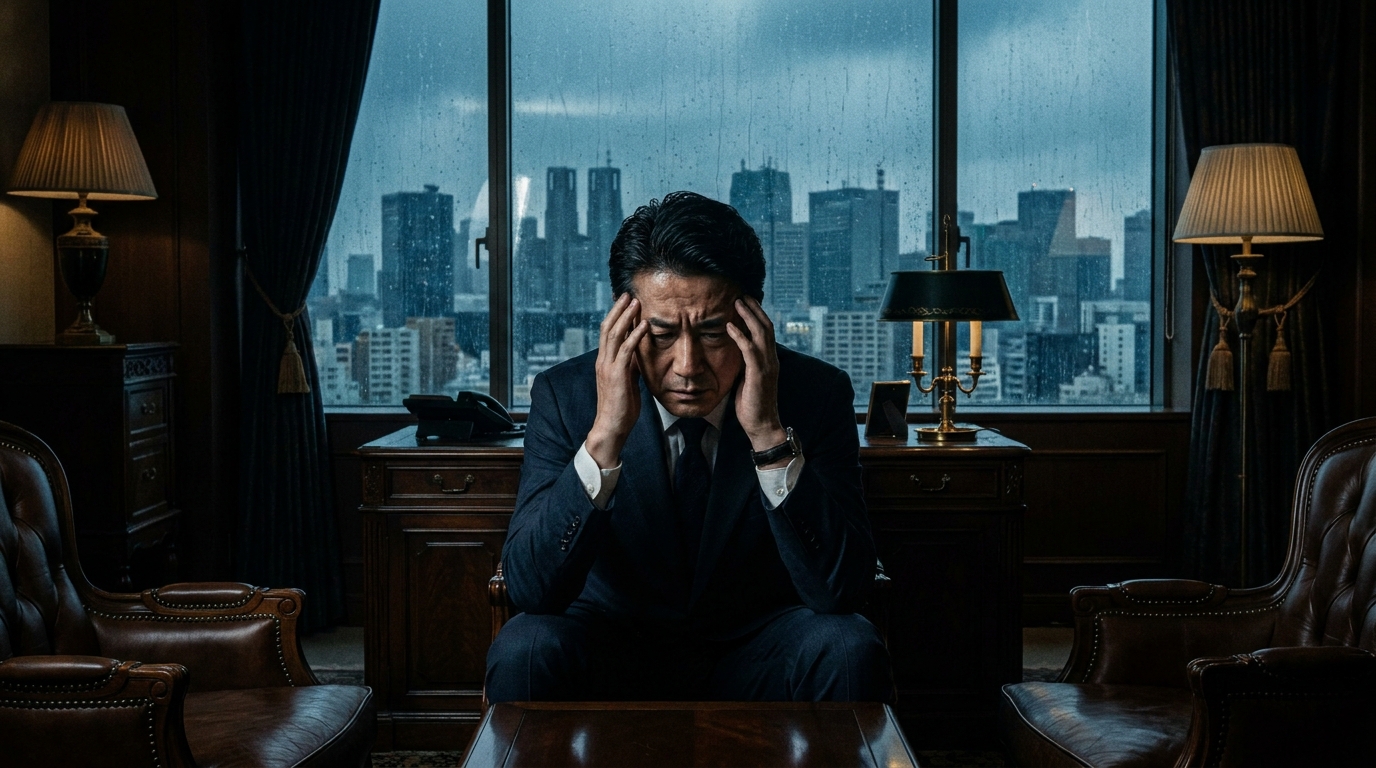 高収入だが借金に悩み頭を抱える男性。自己破産を検討している様子。