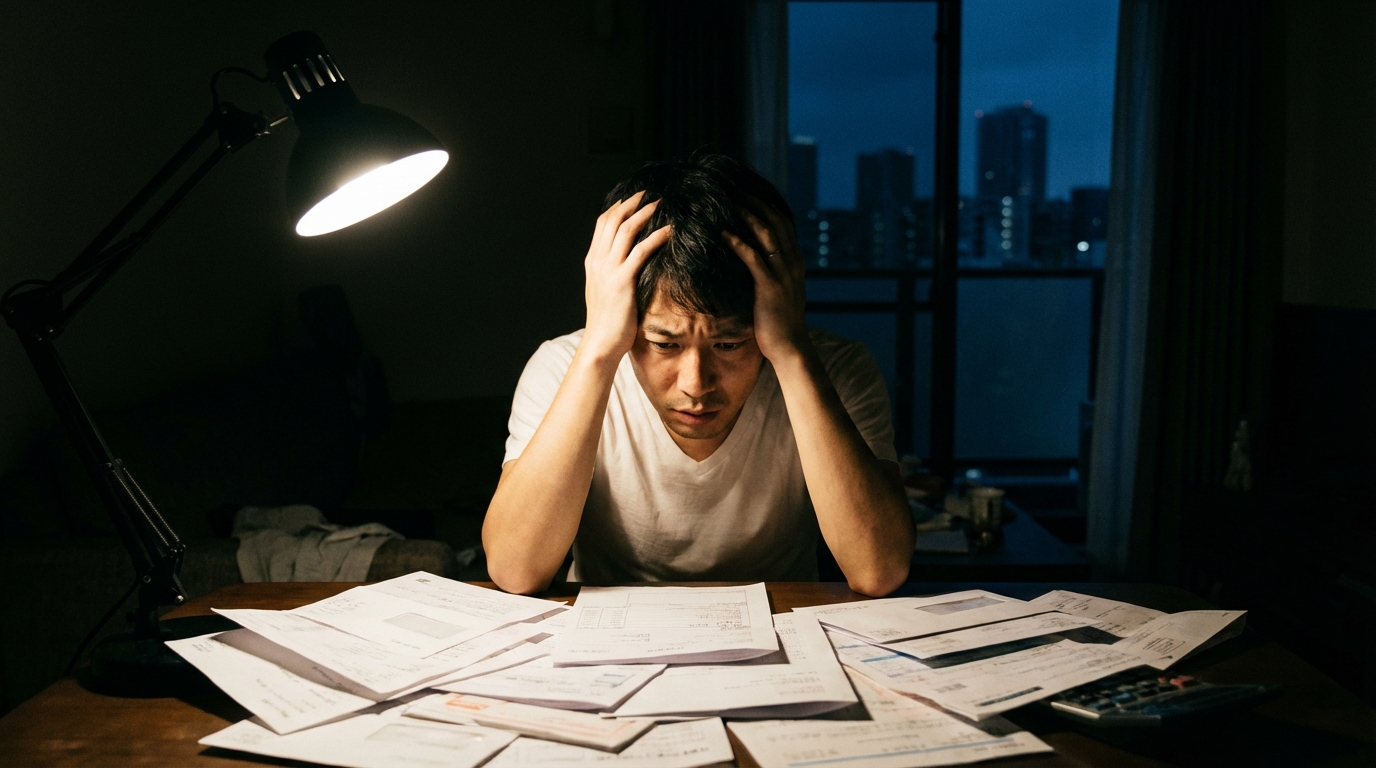 任意整理の返済に悩み、請求書を前に頭を抱える男性。