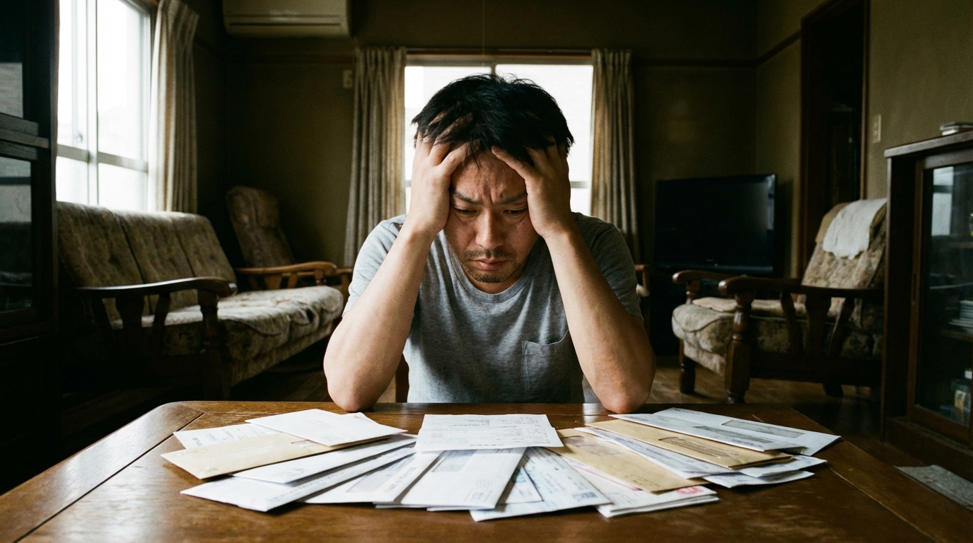 借金のことで思い悩み、リビングのテーブルで頭を抱える中年の日本人男性。