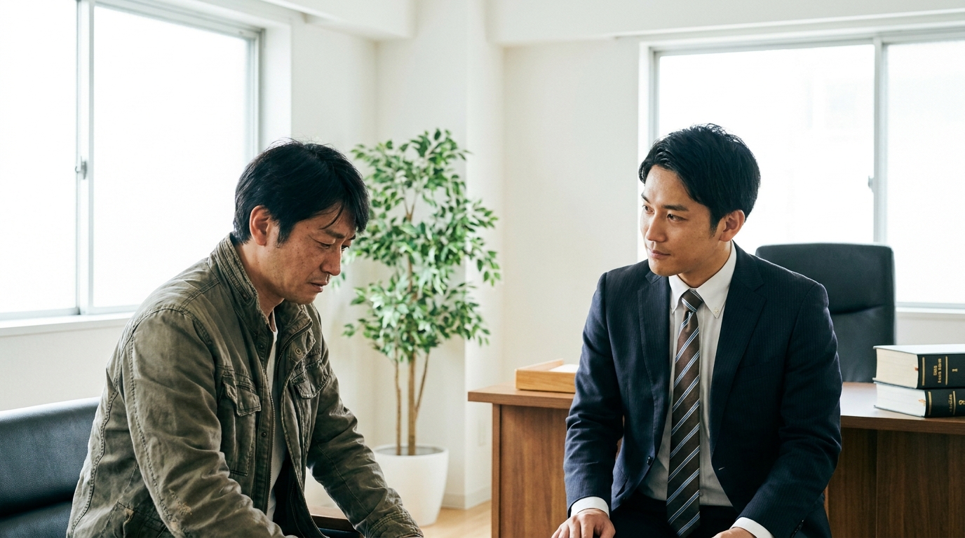法律事務所で弁護士に正直に悩みを相談している男性。弁護士は真摯に耳を傾けている。