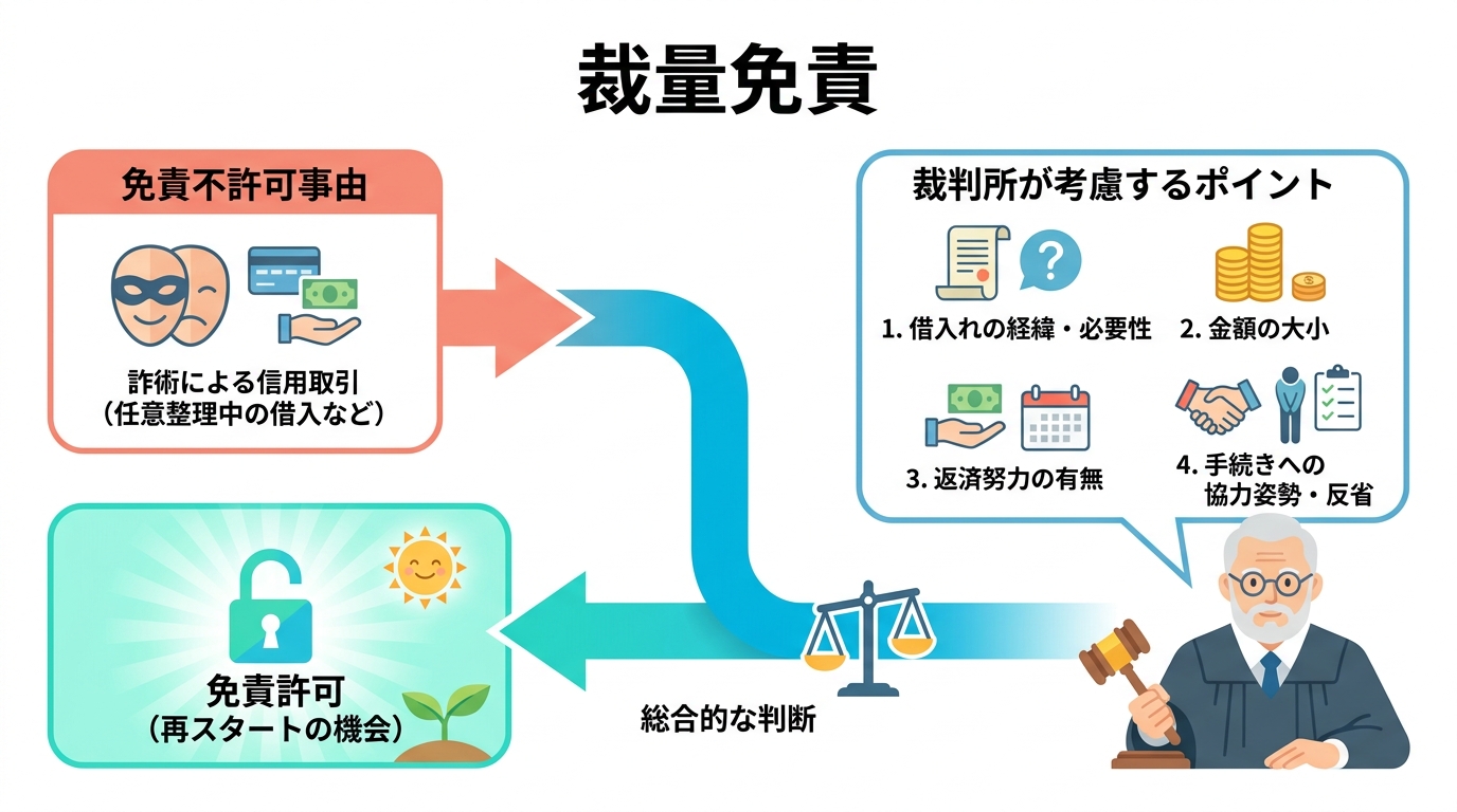 自己破産の裁量免責で裁判所が重視するポイントを解説した図解。借入れの経緯や手続きへの協力姿勢などが考慮されることを示している。