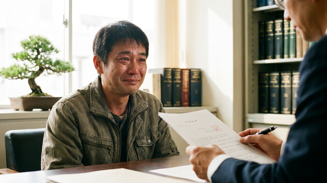 弁護士との面談で、2回目の自己破産で免責が許可される見込みだと聞き、安堵の表情を浮かべる相談者の男性。