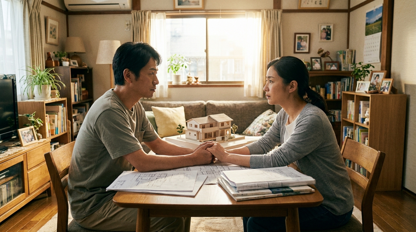 リビングで家の将来について真剣に、しかし前向きに話し合う夫婦。個人再生という困難を共に乗り越えようとしている様子。