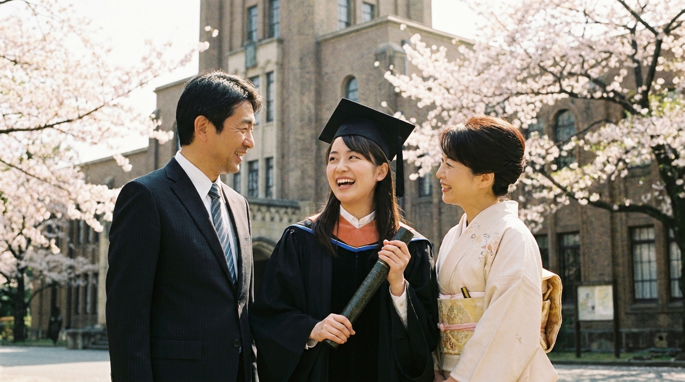 大学の卒業式で、卒業証書を手に笑顔で話す親子。親の自己破産が子供の進学や卒業に影響しないことを象徴する画像。