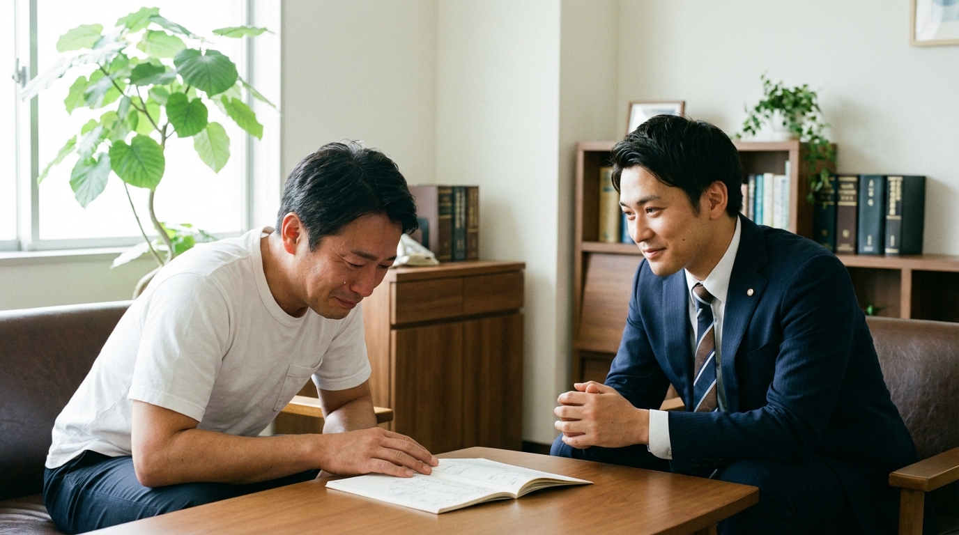 法律事務所で弁護士に相談し、少し安心した表情を浮かべる男性。免責不許可事由の悩みを打ち明けている様子。
