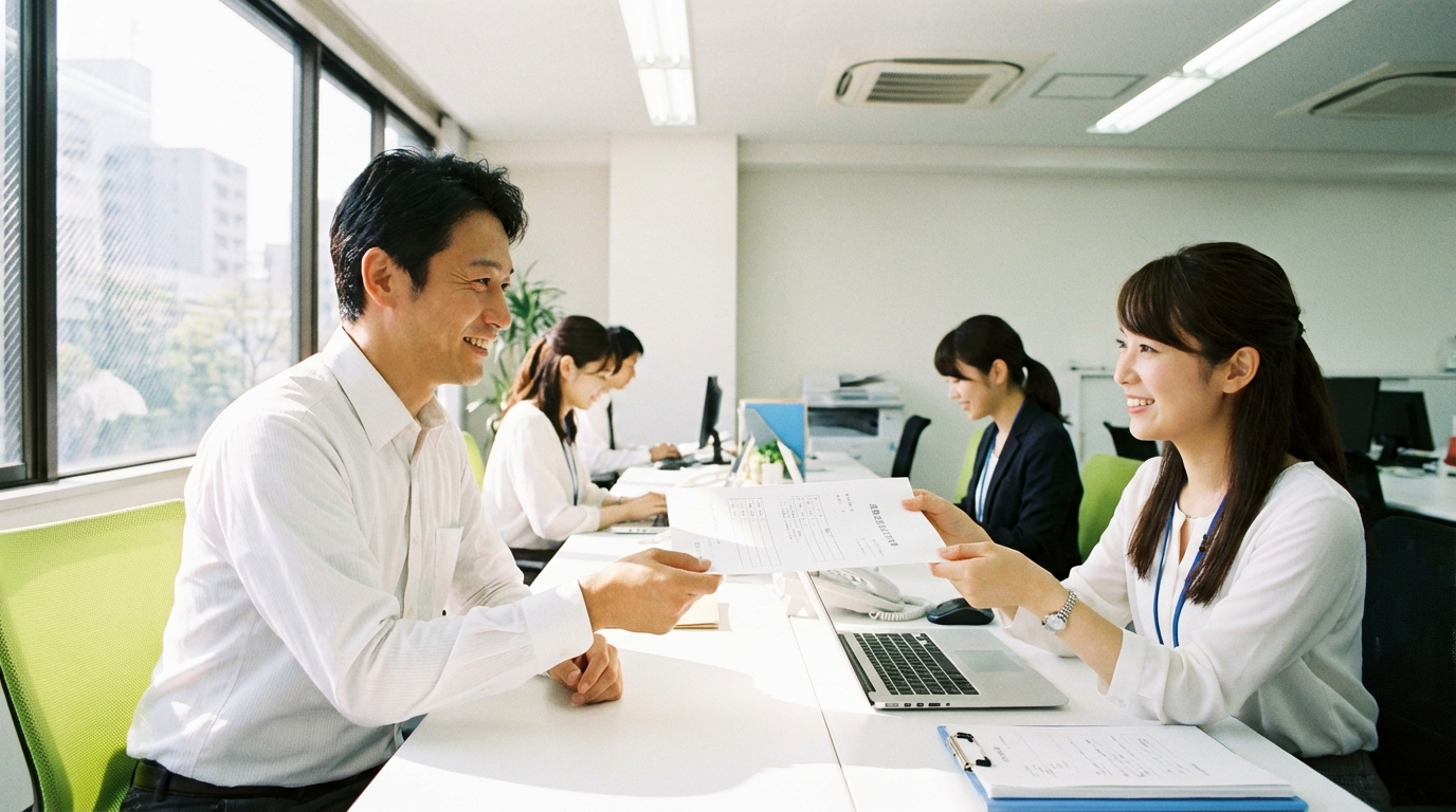 オフィスで男性が担当者に書類の申請をしている様子。会社に自己破産のことを知られずに手続きを進められる安心感を表現しています。