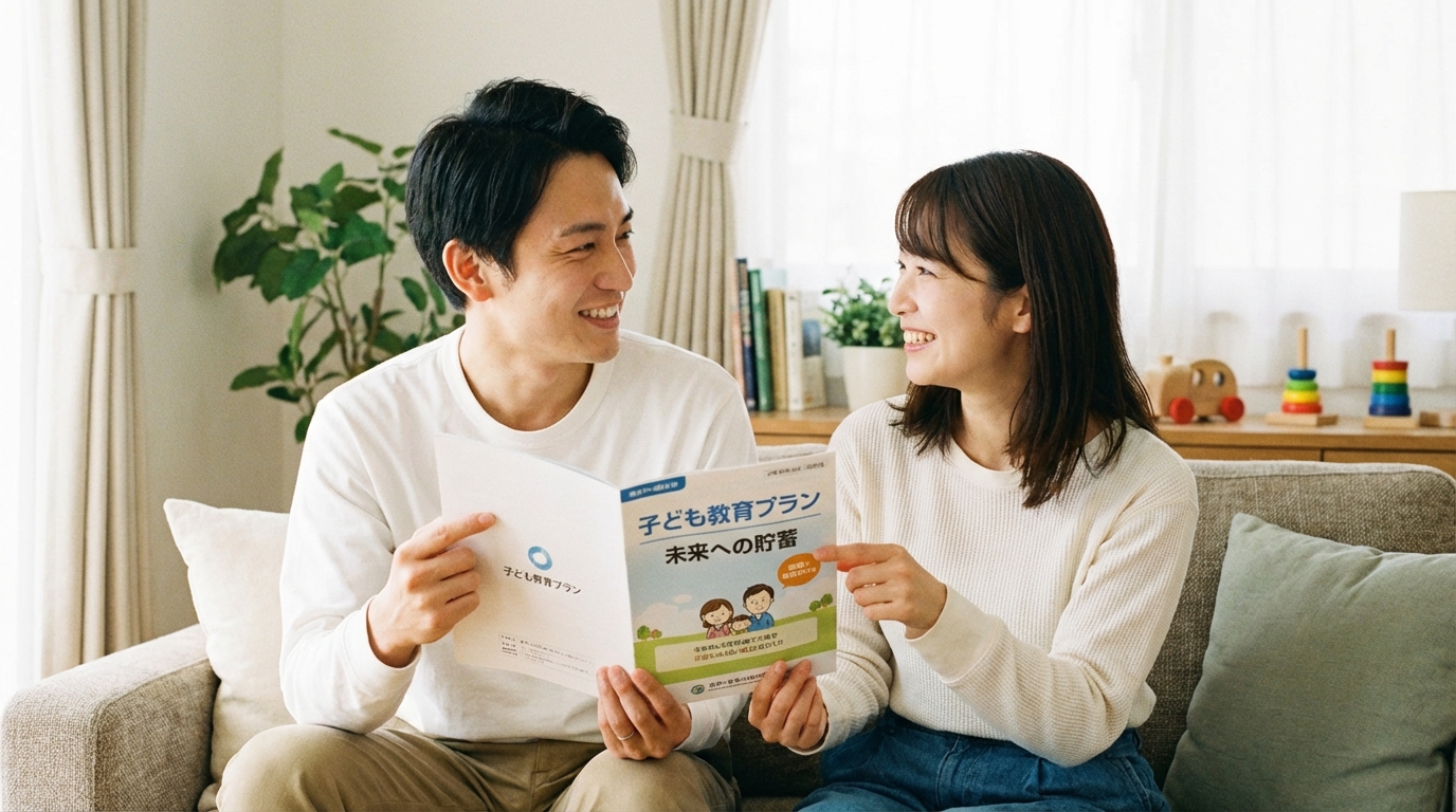 学資保険について話し合う若い夫婦。子供の将来のために大切な備えをしている様子。