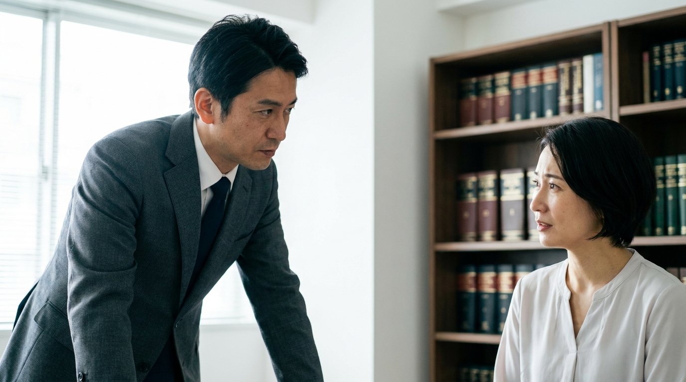 法律事務所で弁護士に相談している様子の写真。自己破産と養育費という複雑な問題について専門家のアドバイスを受けている。
