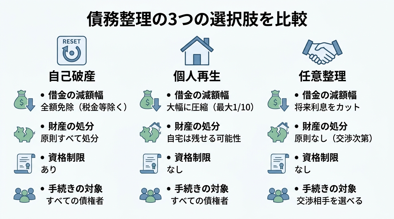 自己破産・個人再生・任意整理の3つの債務整理方法を比較する図解。借金の減額幅、財産処分、資格制限、手続きの対象の違いが一目でわかる。