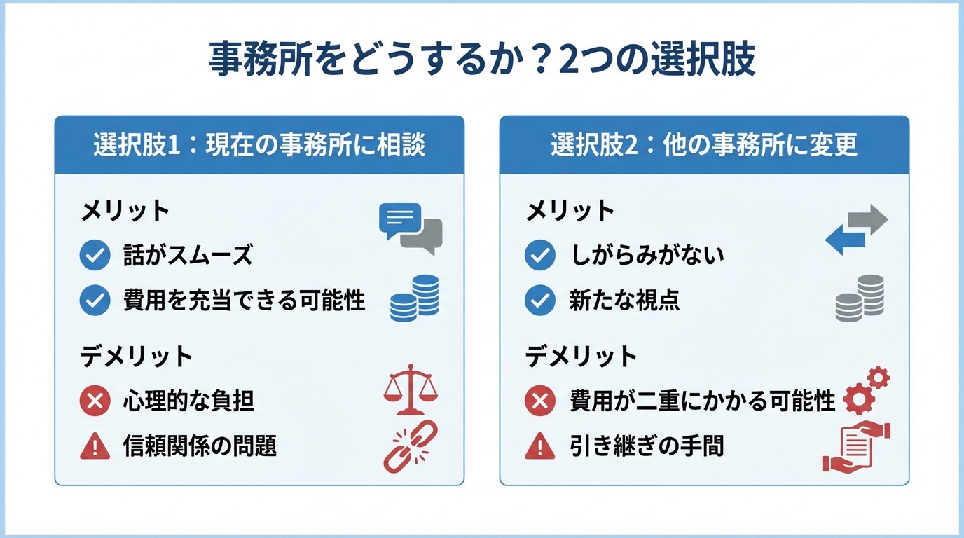 任意整理から自己破産への変更における事務所選択の比較図。現在の事務所に相談するケースと他の事務所に変更するケースのメリット・デメリットを解説。