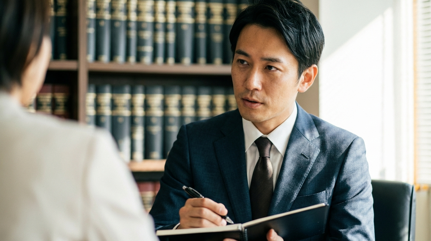 法律事務所の相談室で、依頼者の話に真剣に耳を傾ける信頼できそうな日本人男性弁護士。