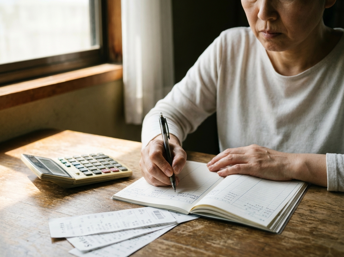 自己破産の裁量免責を得るため、真剣に家計簿をつけている女性。更生の意欲を行動で示している様子。