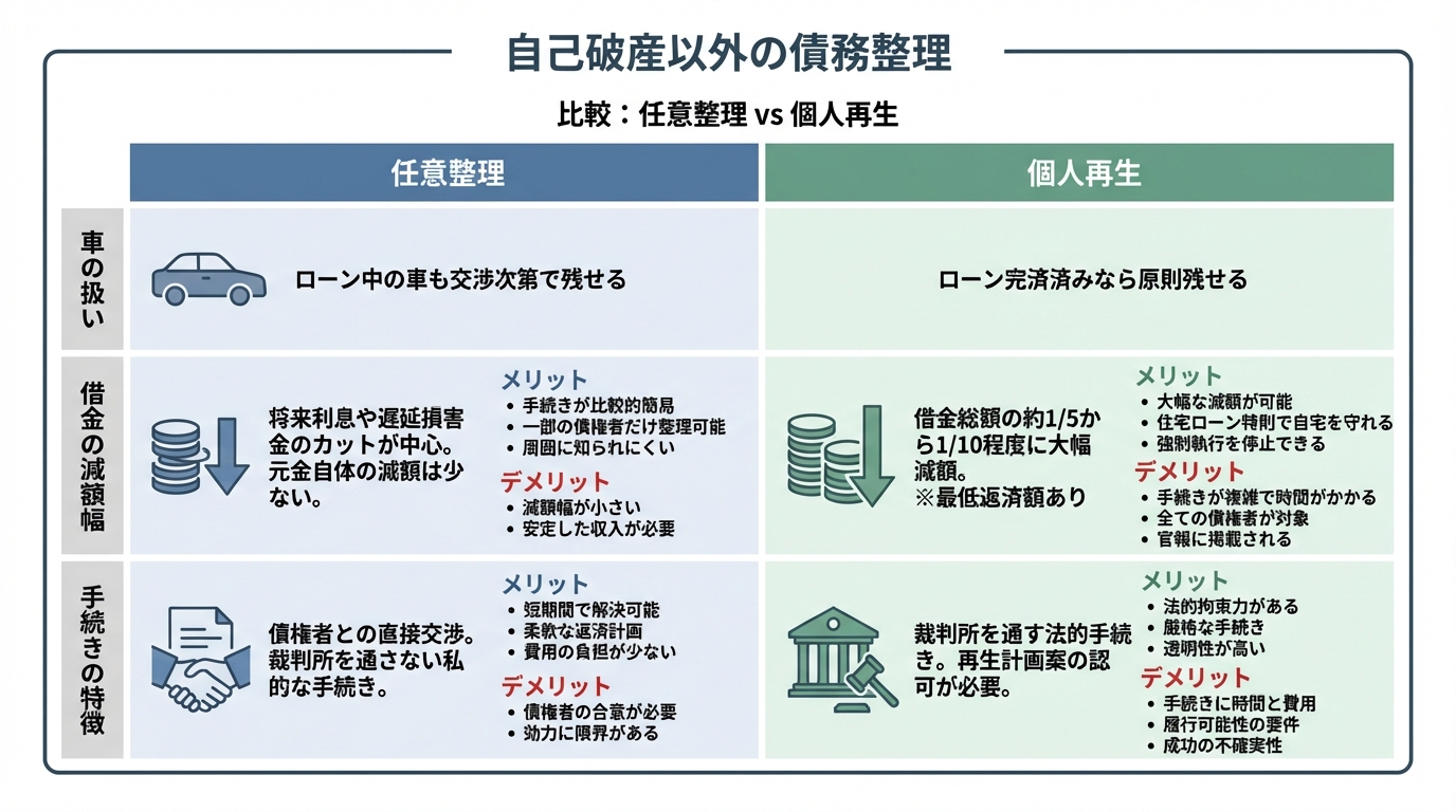 任意整理と個人再生の比較表。車の扱い、借金の減額幅、手続きの特徴を分かりやすくまとめている。