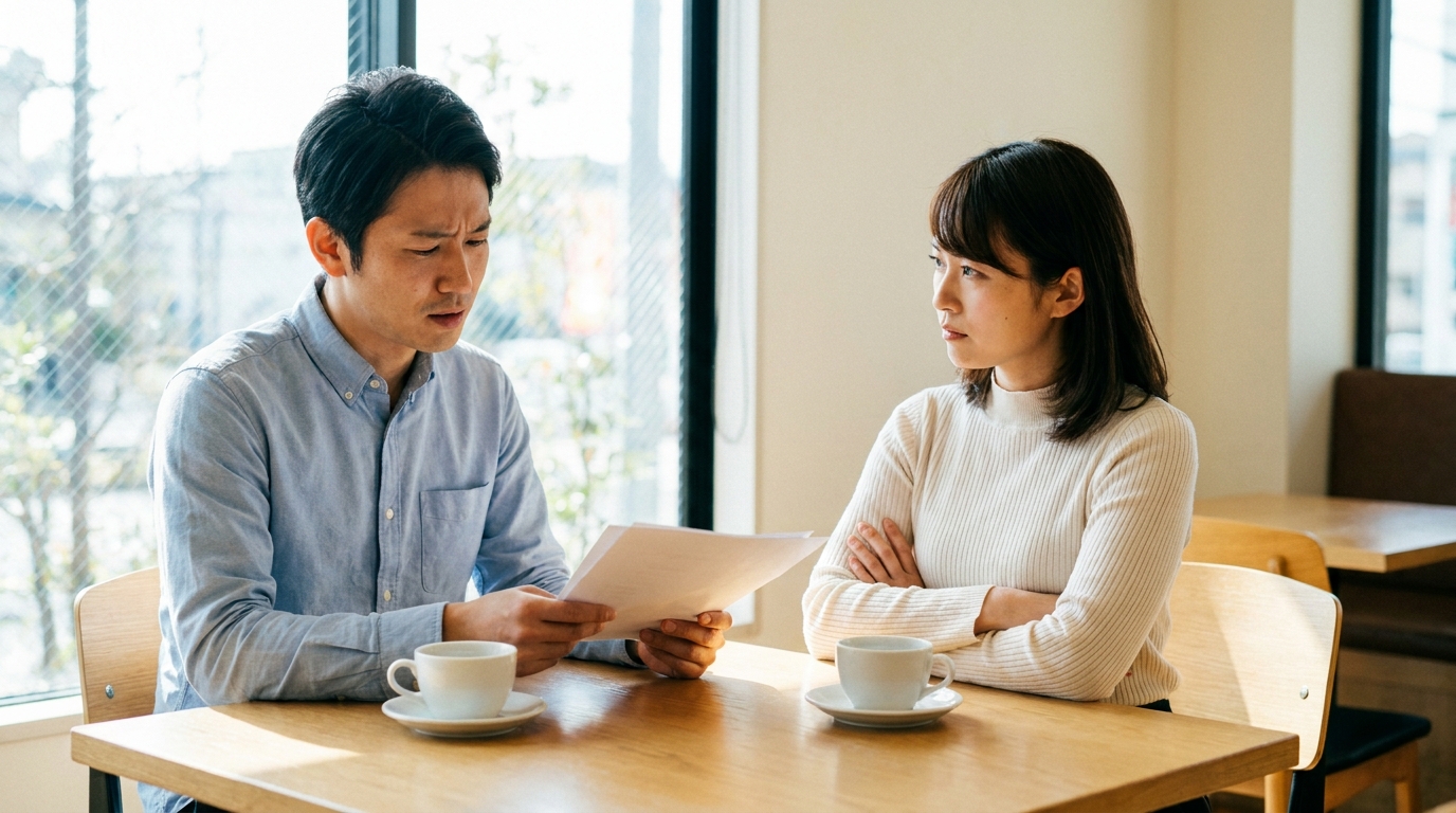 元夫婦が養育費の減額について話し合っている場面。経済状況の変化について誠実に説明している。