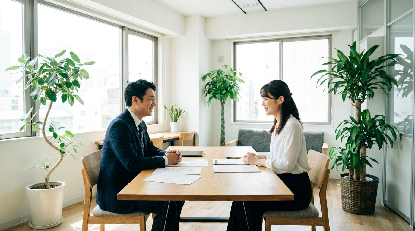 弁護士に相談し、自己破産以外の個人再生という選択肢を知って安堵する女性のイメージ