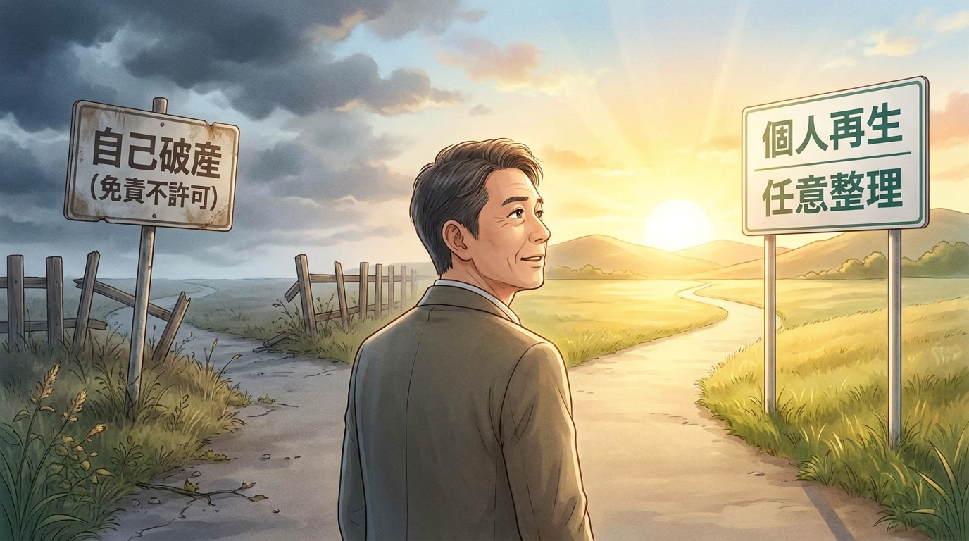 免責不許可後の選択肢を示すイラスト。分かれ道に立ち、個人再生や任意整理という再建への道を見つめている人物。