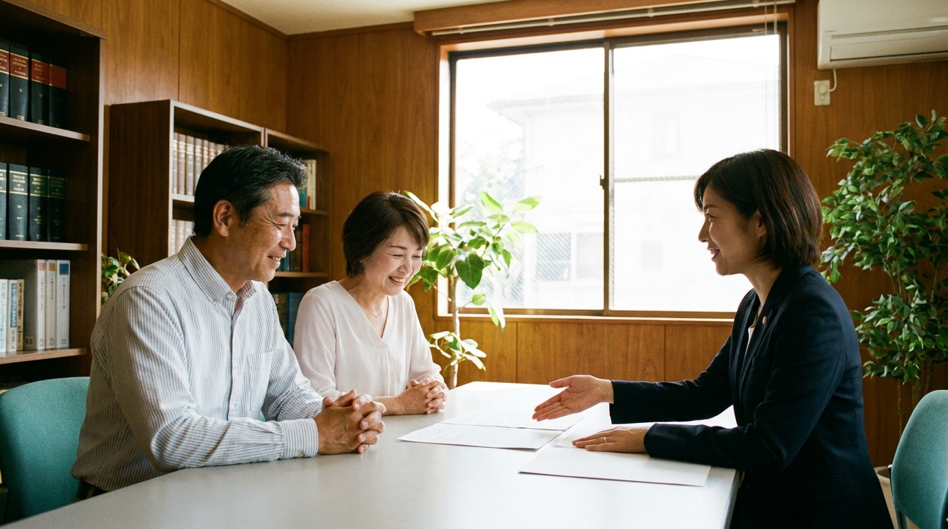 法律事務所で弁護士に相談し、安堵の表情を浮かべる夫婦。専門家に相談することで問題解決の道筋が見えることを表す。