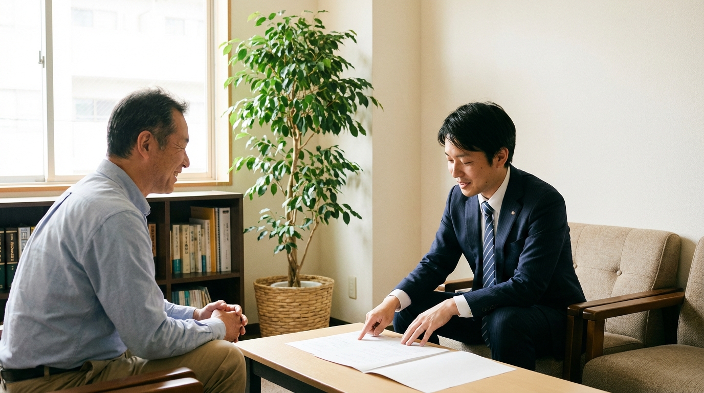 弁護士に相談し、解決策を見出して安堵する男性。