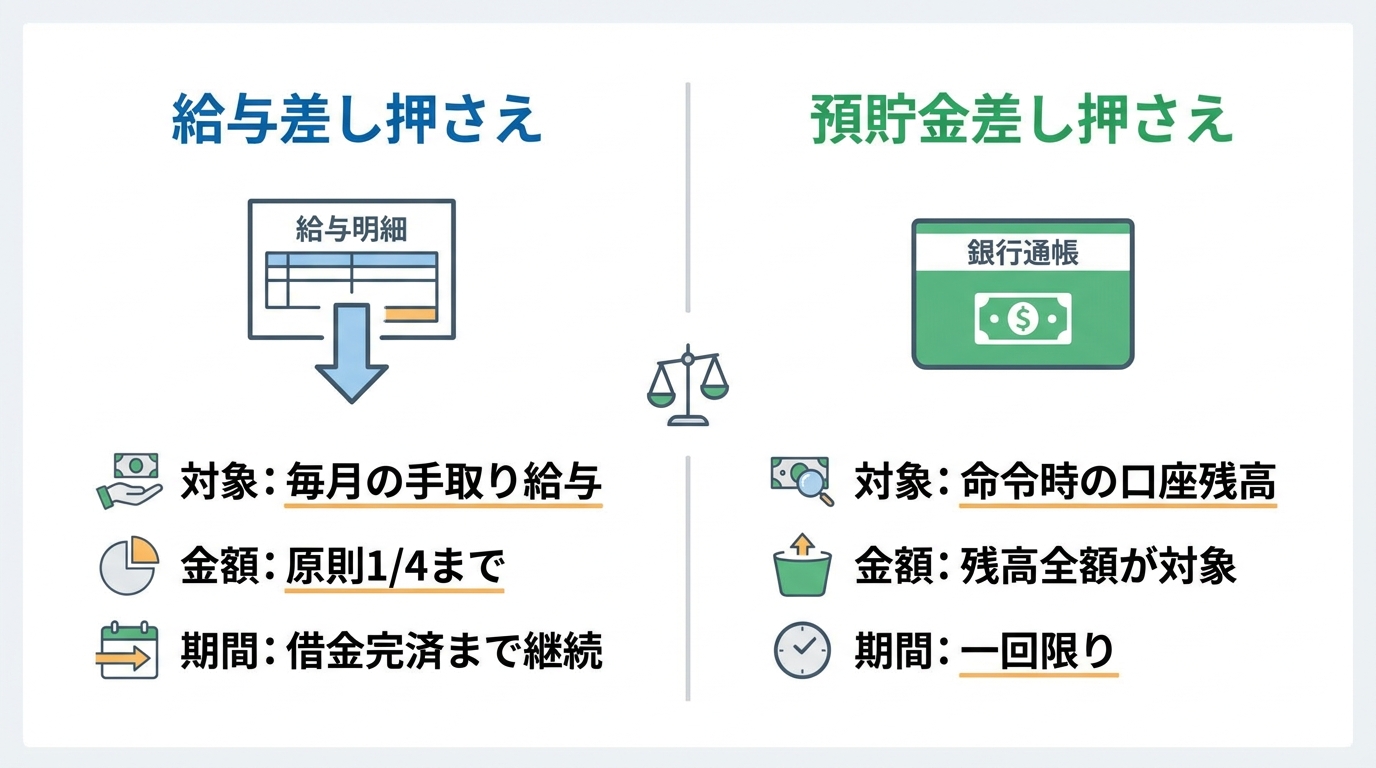 給与差し押さえと預貯金差し押さえの違いを比較する図解。給与は毎月継続的に手取りの1/4が対象となり、預貯金は命令時の残高が一回限りで全額対象となることを示している。