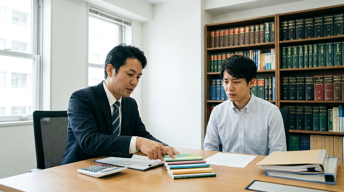 自己破産の偏頗弁済について弁護士から通帳の調査に関する説明を受ける相談者
