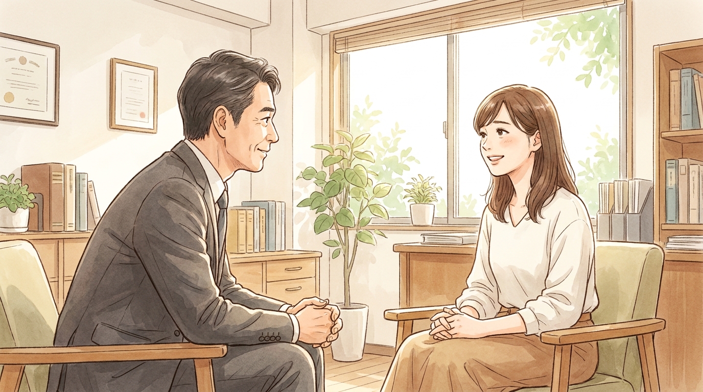 法律事務所で弁護士に相談し、少し安心した表情を浮かべる女性のイラスト。借金問題の解決に向けた第一歩を象徴している。
