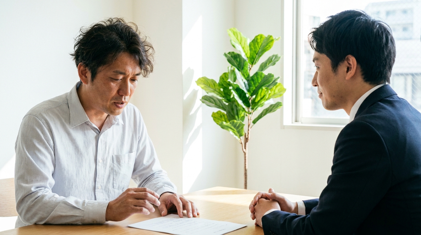 自己破産の不安を弁護士に相談している男性。専門家が親身に話を聞いている様子。