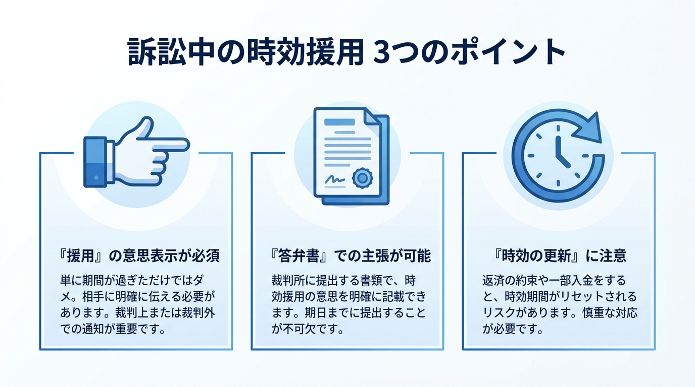 訴訟中に借金の時効援用を考える際の3つの重要ポイント「援用の意思表示が必須」「答弁書での主張が可能」「時効の更新に注意」をアイコン付きで解説した図解。