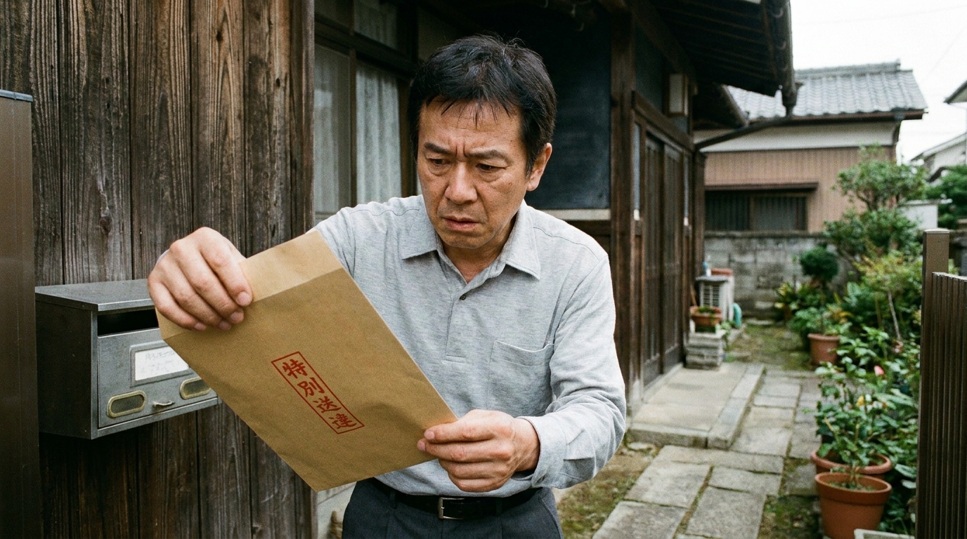 裁判所からの「特別送達」の封筒を手に持ち、不安な表情を浮かべる人物。