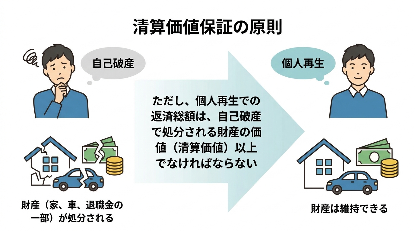 個人再生の清算価値保障の原則を説明する図解。自己破産で処分される財産価値以上の返済が必要であることを示している。
