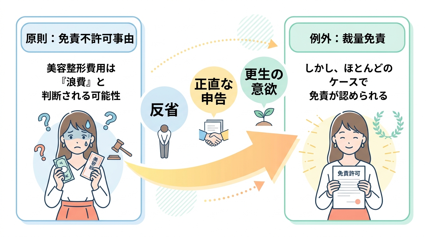 美容整形の借金が自己破産でどう扱われるかを示した図解。「原則」として浪費と見なされるが、「例外」として裁量免責によりほとんどが解決可能であることを示している。