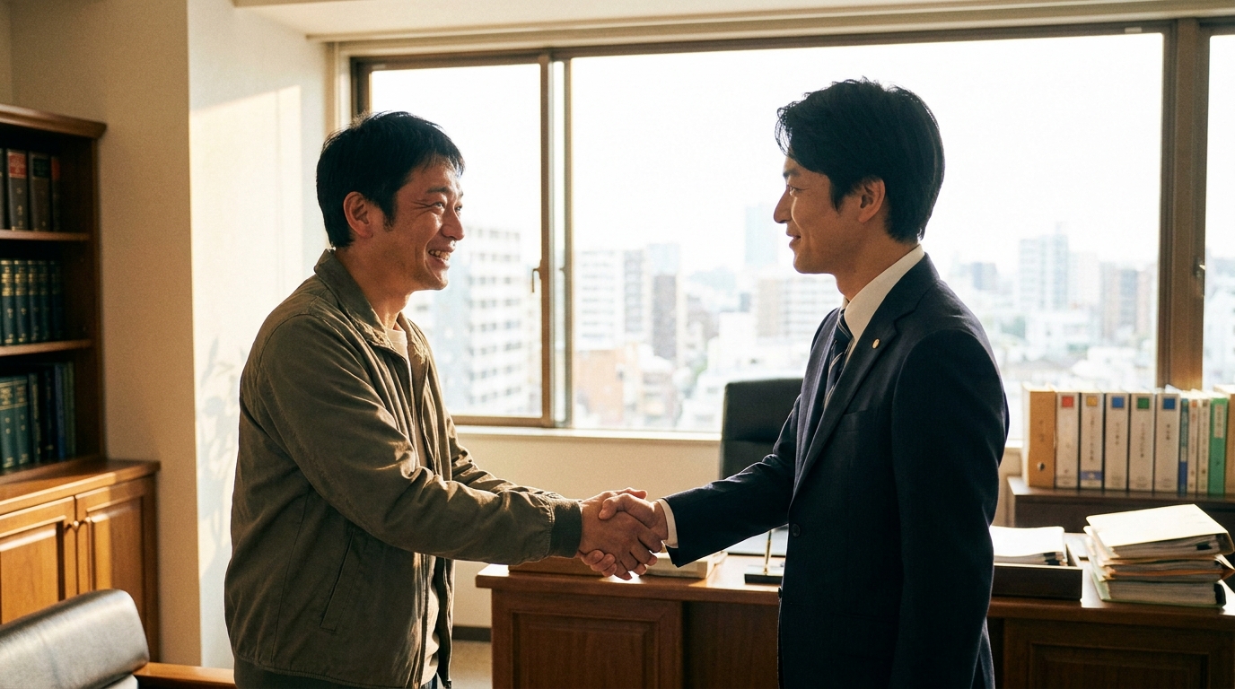 法律事務所で弁護士と相談者が握手をしている。相談者は安堵の表情を浮かべており、問題が解決し、生活再建への希望が見えた様子を表している。