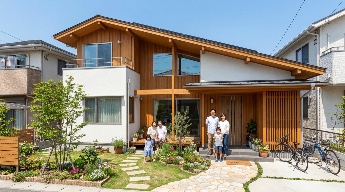 個人再生の住宅ローン特則で守ることができるマイホームを象徴する、青空の下に建つ一戸建ての住宅。