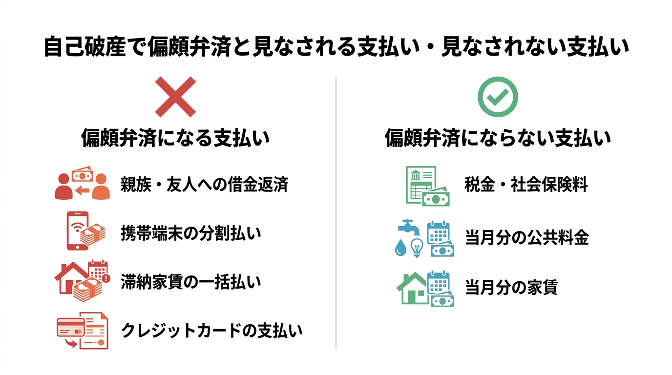 自己破産における偏頗弁済と見なされる支払いと、そうでない支払いの違いを比較した図解。