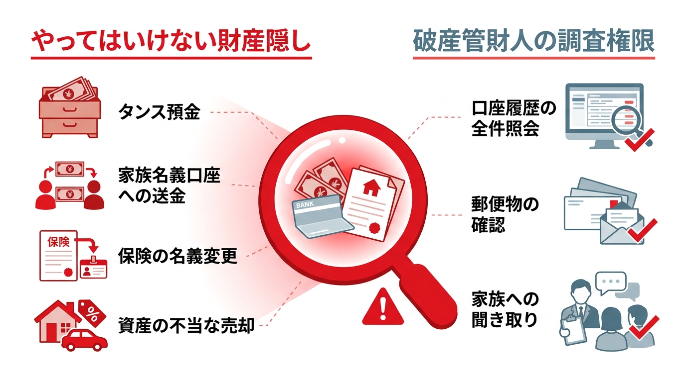 自己破産で禁止されている財産隠しの具体例と、それらが破産管財人の調査によって発覚する理由を図解したインフォグラフィック。