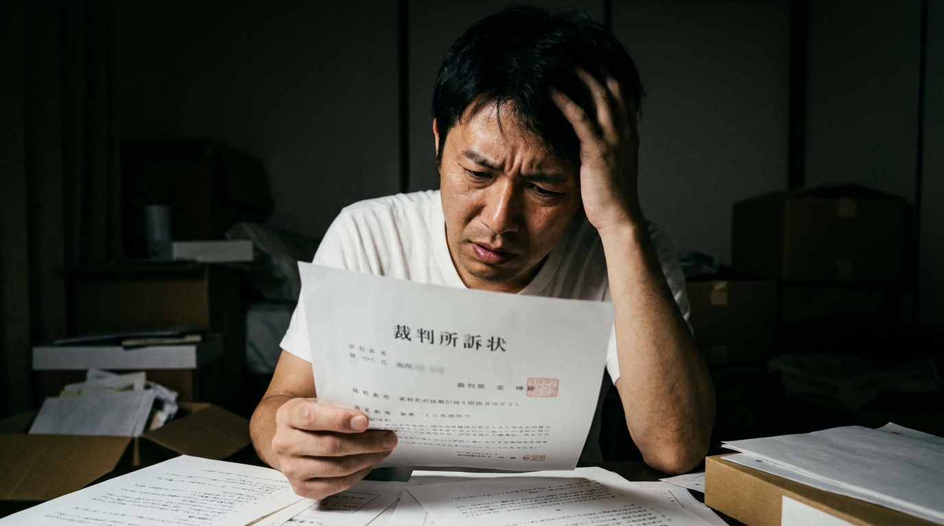 裁判所からの訴状を読んで、どうすれば良いか分からず頭を抱える男性。借金問題の深刻な悩みを象徴している。