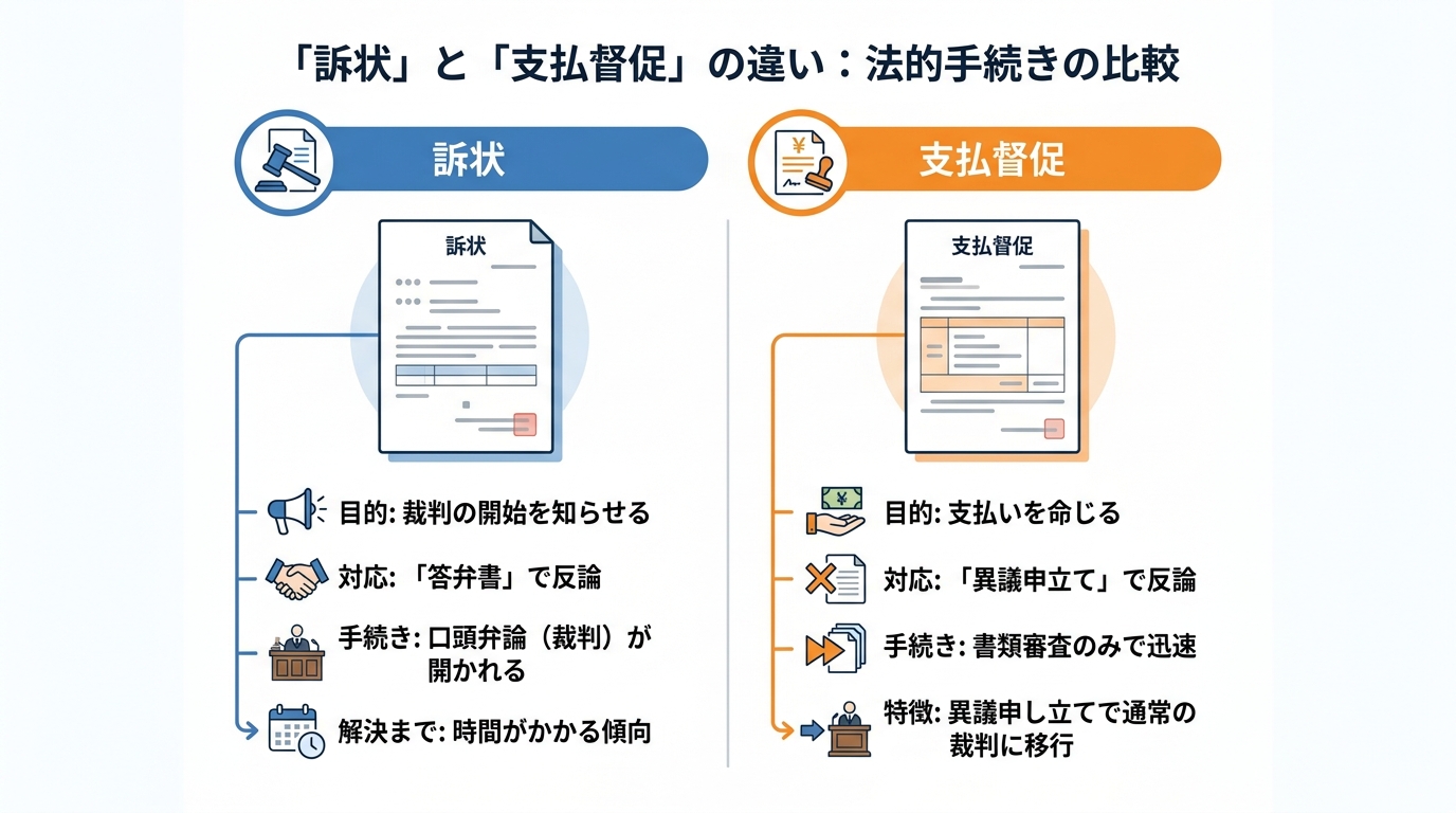 「訴状」と「支払督促」の目的、対応方法、手続きの違いを比較した図解。