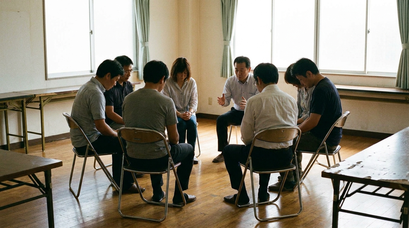 数人の男女が輪になって座り、真剣な表情で話し合いをしている自助グループの様子。ギャンブル依存症からの回復を目指す人々の姿。