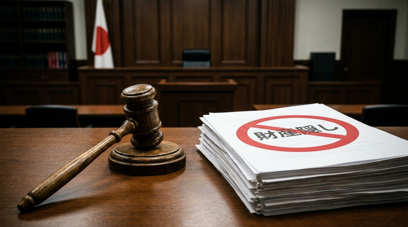 財産隠しが個人再生で禁止されていることを象徴する画像。裁判の小槌と「禁止」マークが重なっている。