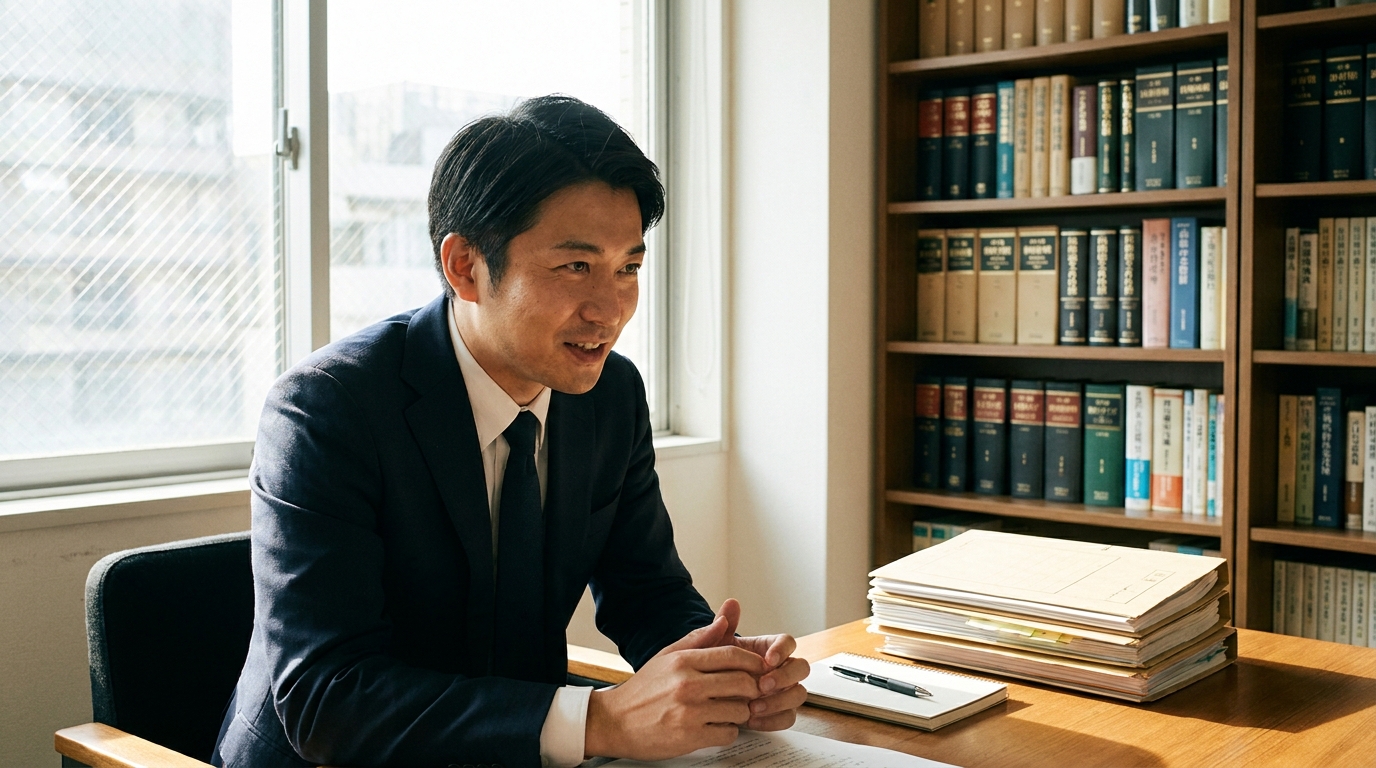 法律事務所で相談者の話に真摯に耳を傾ける弁護士。裁量免責を得るためのポイントを解説している様子。