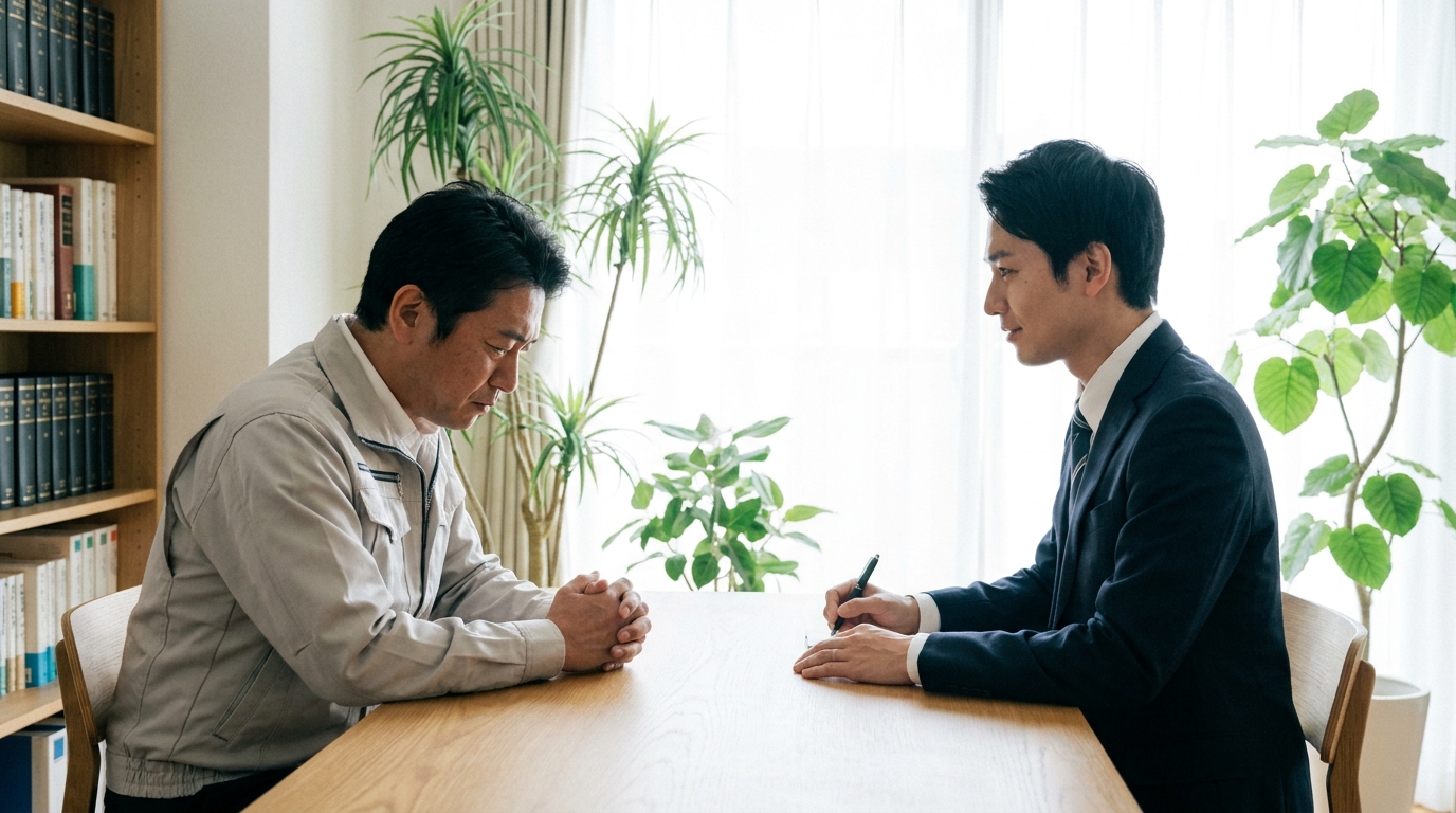 法律事務所で弁護士にギャンブル依存症と借金問題について相談する男性。弁護士は親身に話を聞いている。