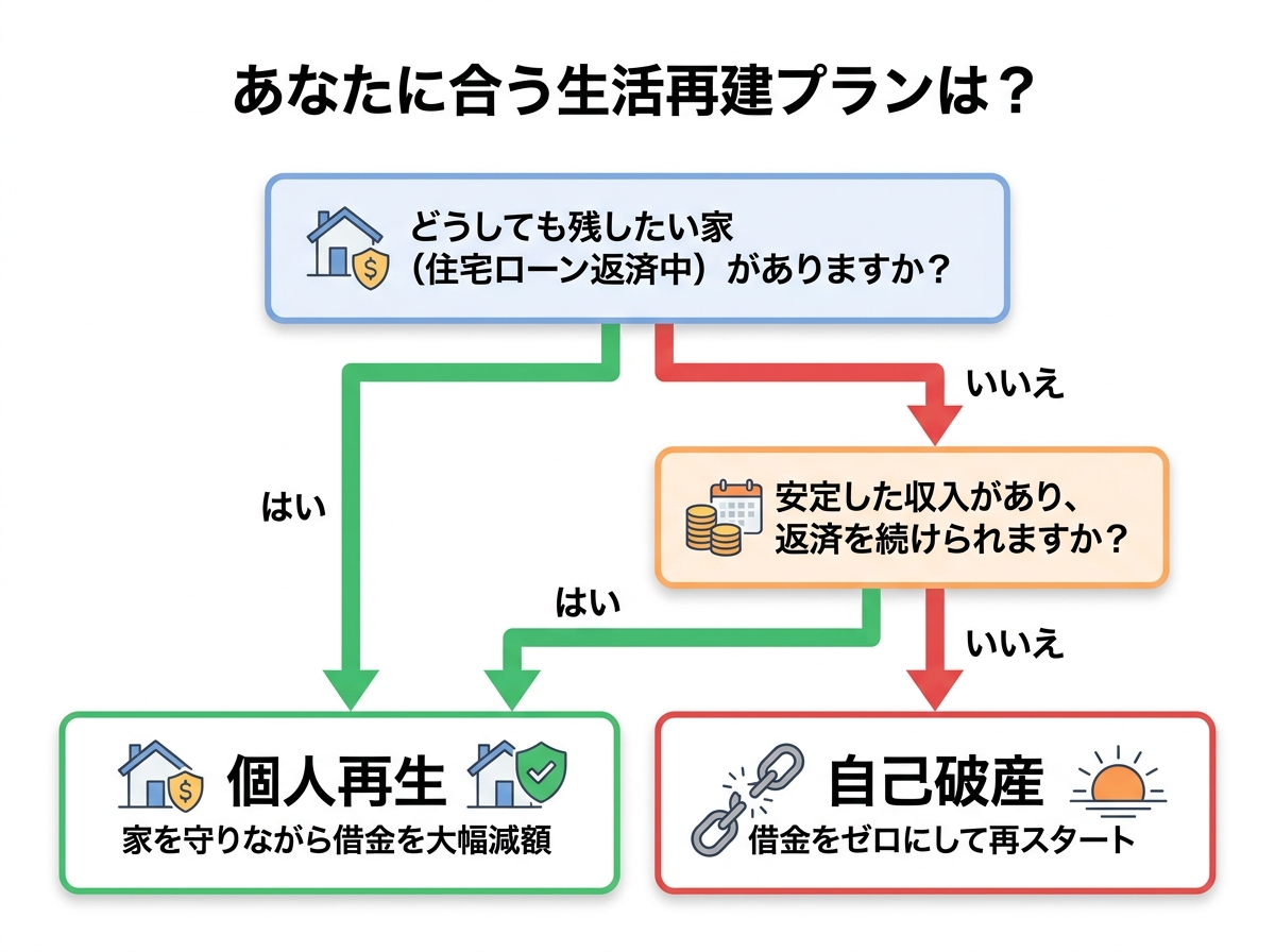 自己破産と個人再生のどちらを選ぶべきかを示すフローチャート。「家を残したいか」「安定収入があるか」という質問に答えることで、自分に適した手続きが分かるようになっている。